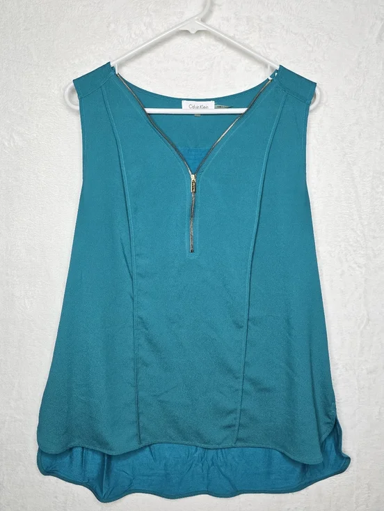 Calvin Klein Teal Sleeveless Blouse XL Gold Zip High Low Top - Picture 2 of 8